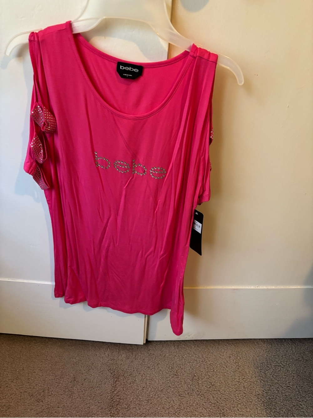 bebe Hot Pink Crystal Logo Cold-Shoulder Tank